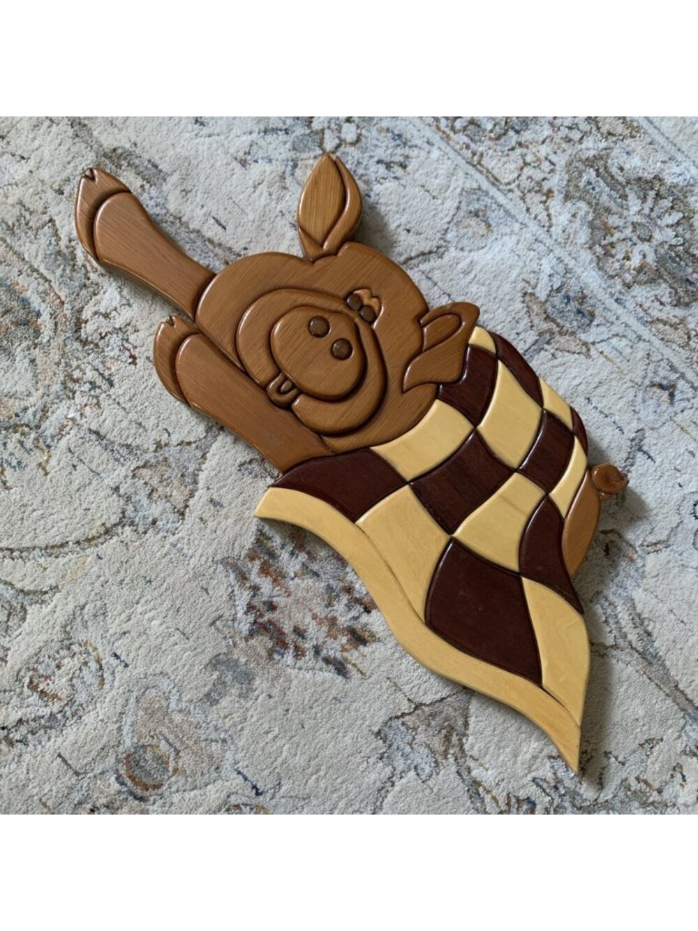 Handcrafted Wooden Pig in a Blanket Intarsia Wall Art Scroll Saw Wood Carving